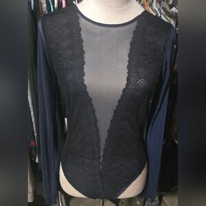 Free People Navy and Black Lace Bodysuit